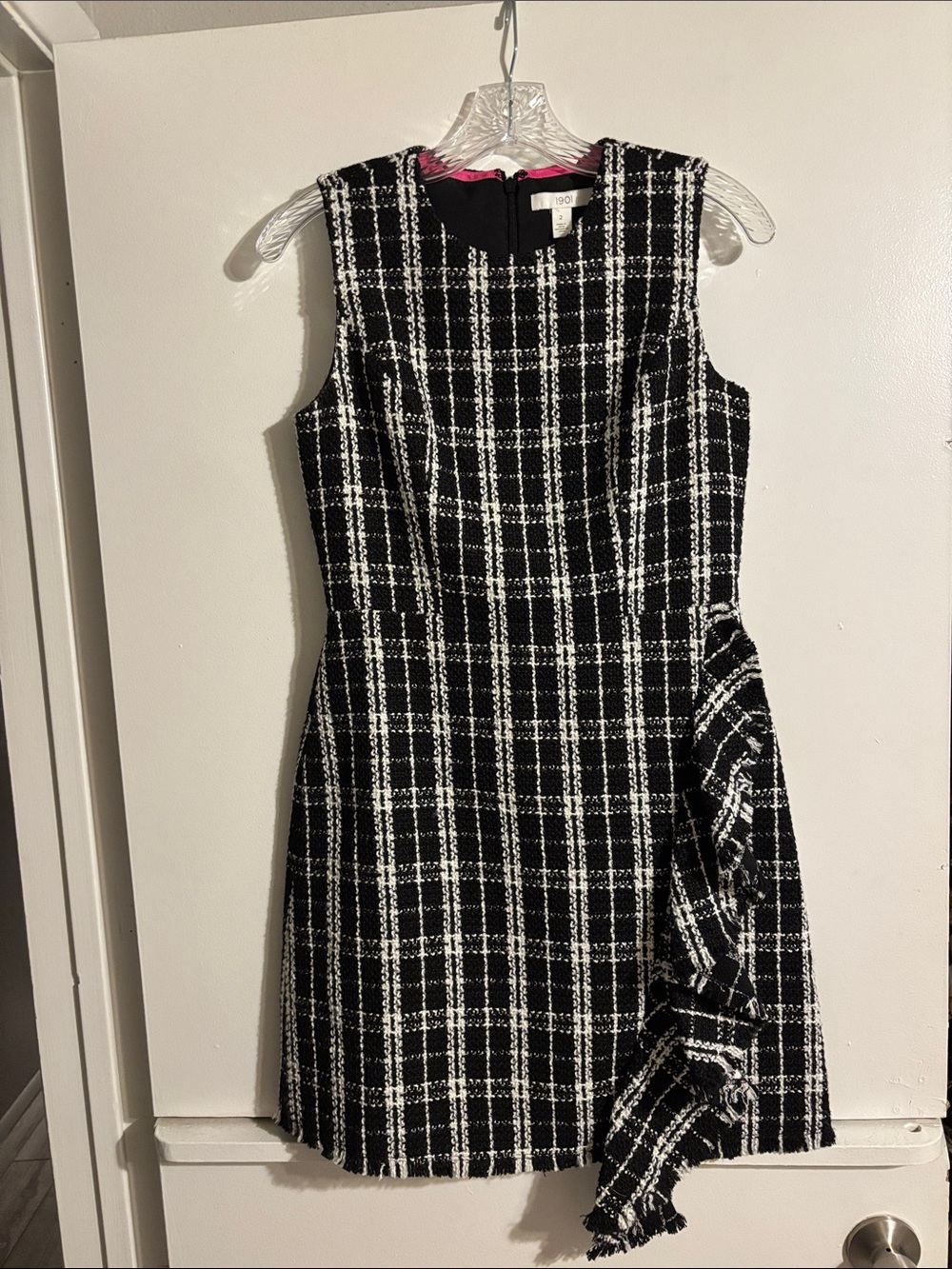 1901 Black and White Plaid Tweed Sheath Dress with Side Ruffle